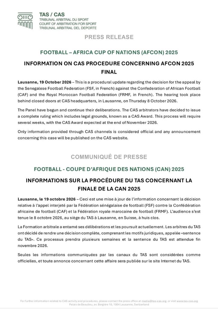 CAS press release, Lausanne, 19 October 2026.